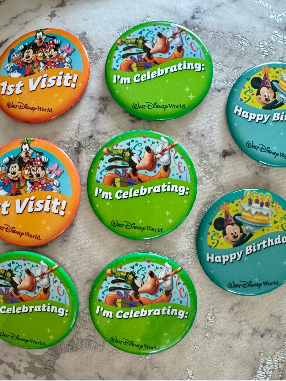Disney Green "I'm Celebrating" Party Buttons - Goofy & Confetti